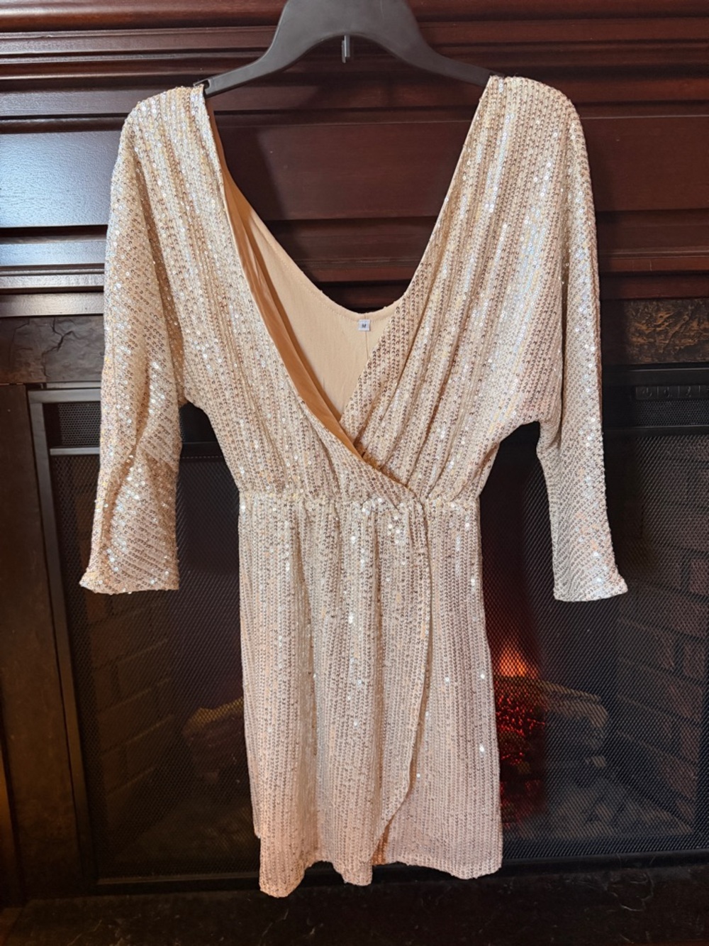 Sequin V-Neck Wrap Dress in Champagne